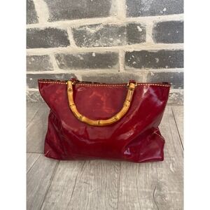 Plinio Visona Red Patent Leather Bamboo Handle Tote Bag Made in‎ Italy